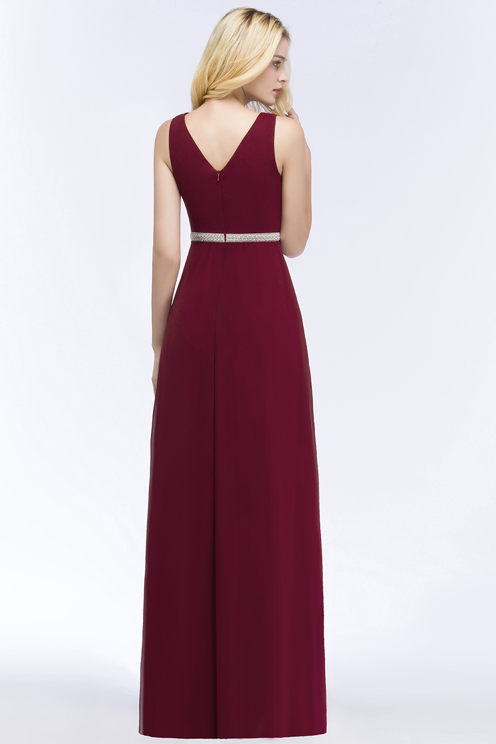 Long A line V-neck Ruffled Floor Length Bridesmaid Dresses with Beading Sash - YESBABYONLINE