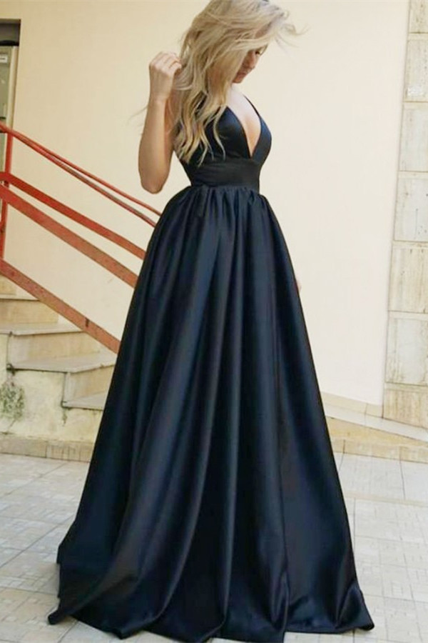 Stylish Black Long A-line V-neck Straps Sleeveless Backless Formal Prom Dress - YESBABYONLINE