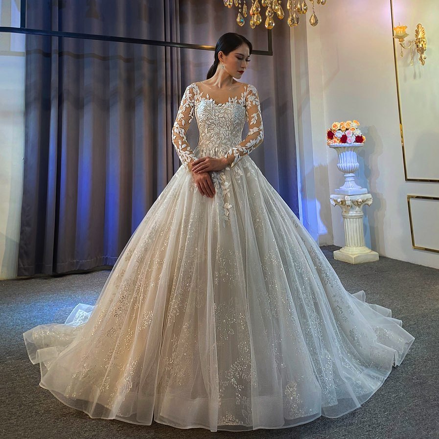 Ball Gown Long Sleeves Sweetheart Tulle Lace Backless Wedding Dress - YESBABYONLINE