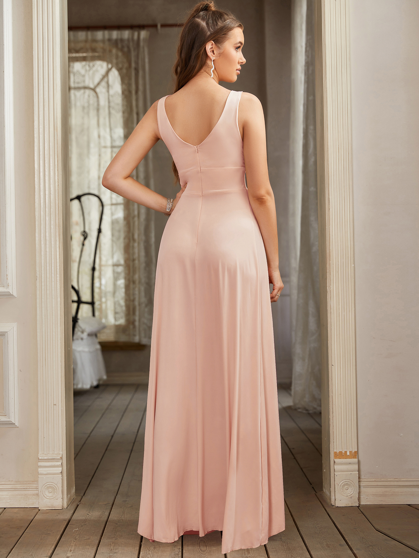 Elegant Long V-neck A-line Bridesmaid Dress with Split - YESBABYONLINE