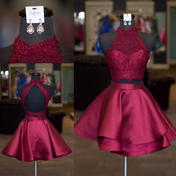 Cute Two Pieces A-line Halter Satin Lace Homecoming Dresses - YESBABYONLINE