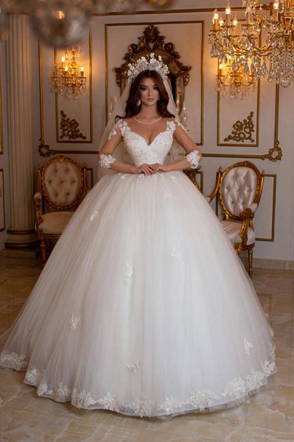 Elegant V-neck Long Sleeves Floor Length Lace Tulle Ball Gown Wedding Dress - YESBABYONLINE