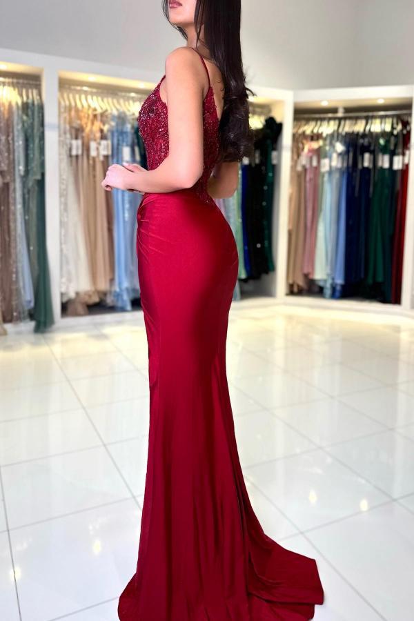Classic Burgundy Long Mermaid V-Neck Spaghetti Straps Sleeveless Prom Dresses with Split - YESBABYONLINE