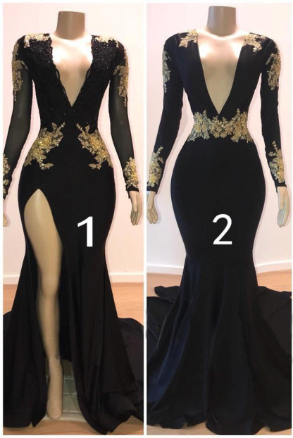 Charming Mermaid V-Neck Long Appliques Lace Floor-Length Prom Dresses with Sleeves - YESBABYONLINE