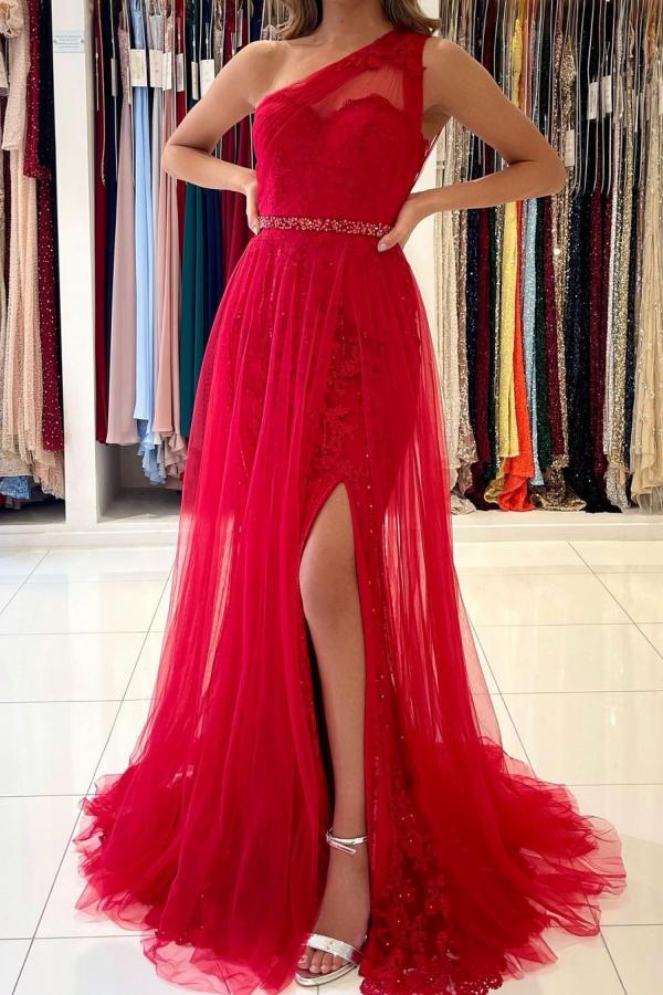 Vintage Long One Shoulder Tulle Split Lace Mermaid Prom Dresses - YESBABYONLINE