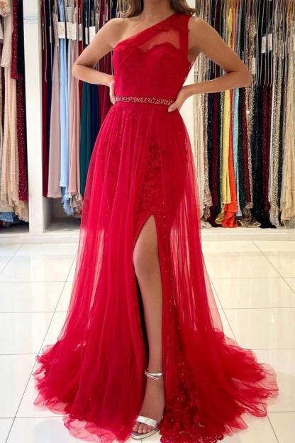 Vintage Long One Shoulder Tulle Split Lace Mermaid Prom Dresses - YESBABYONLINE