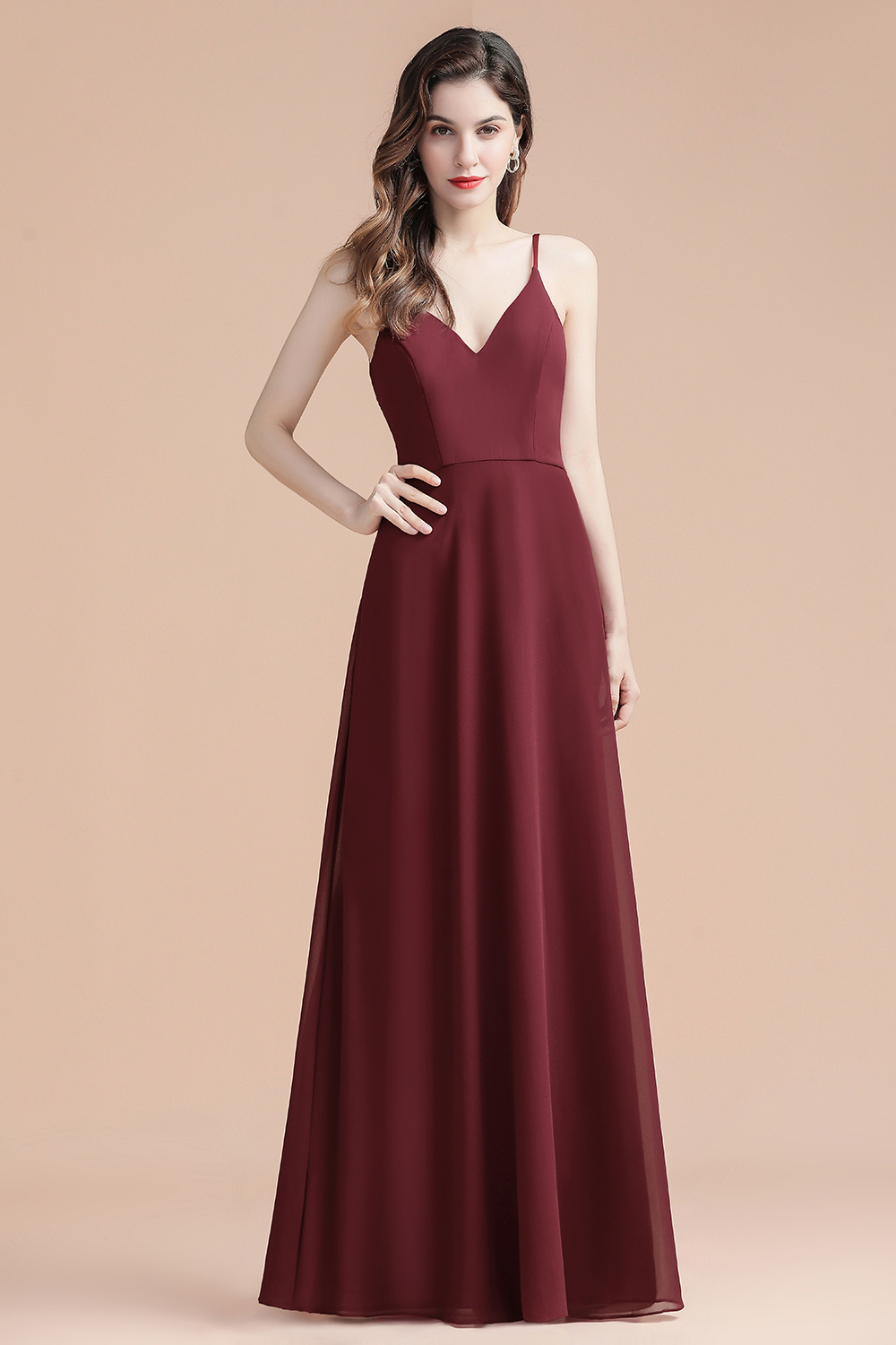 Elegant Long A-line V-Neck Chiffon Backless Bridesmaid Dresses - YESBABYONLINE