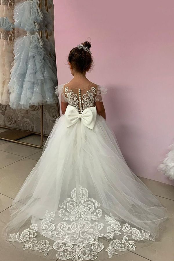 Long Ball Gown Tulle Appliques Lace Dress Little Girl for Wedding Party - YESBABYONLINE