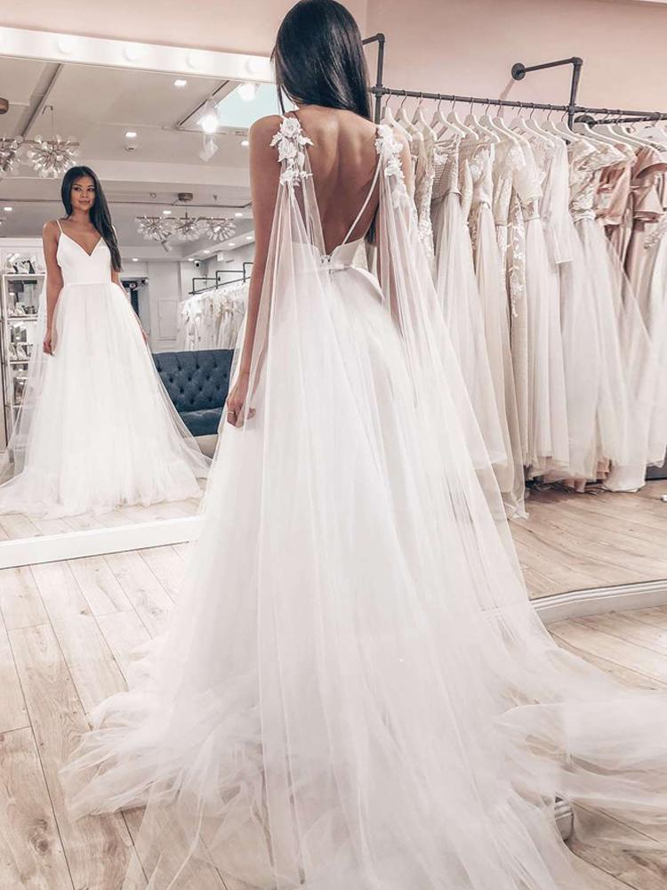 Sexy Long A-line Spaghetti Strap V Neck Backless Tulle Satin Wedding Dresses - YESBABYONLINE