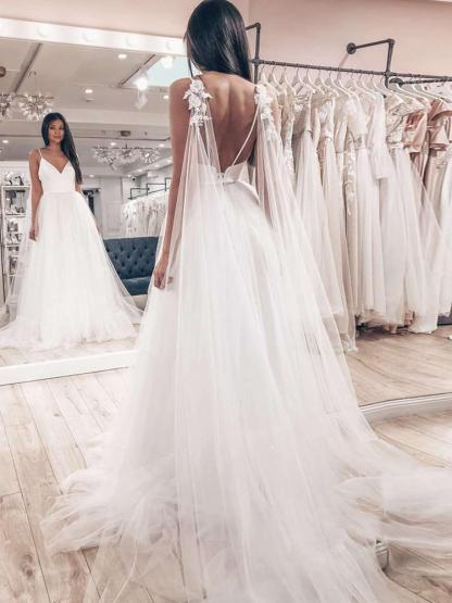 Sexy Long A-line Spaghetti Strap V Neck Backless Tulle Satin Wedding Dresses - YESBABYONLINE