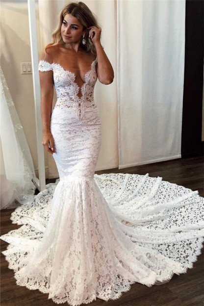Long Mermaid Lace Off-the-Shoulder Backless Wedding Dresses - YESBABYONLINE