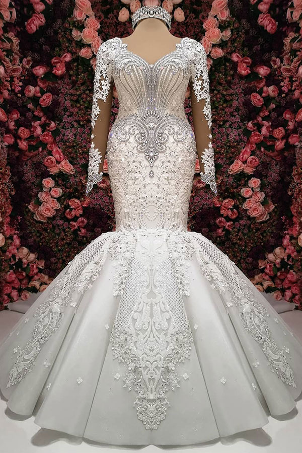 Charming Long Mermaid Sweetheart Tulle Beaded Wedding Dresses with Sleeves - YESBABYONLINE