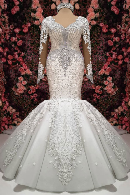 Charming Long Mermaid Sweetheart Tulle Beaded Wedding Dresses with Sleeves - YESBABYONLINE