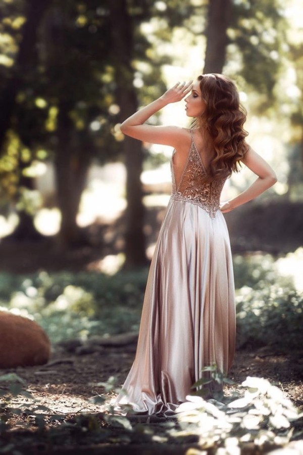 Sexy Long A-line Spaghetti Straps V-Neck Satin Backless Prom Dress - YESBABYONLINE