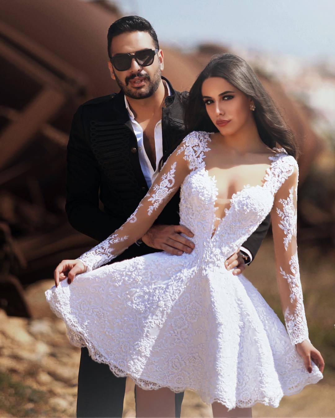 Short A-line Sweetheart Lace Tulle Wedding Dresses with Sleeves - YESBABYONLINE
