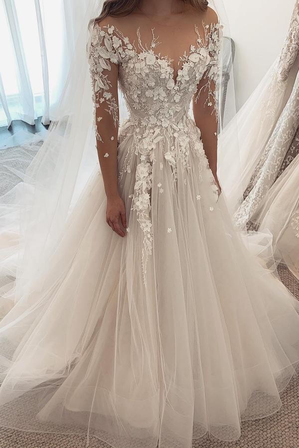 Beautiful White Long A-line Sweetheart Lace Tulle Wedding Dresses with Sleeves - YESBABYONLINE