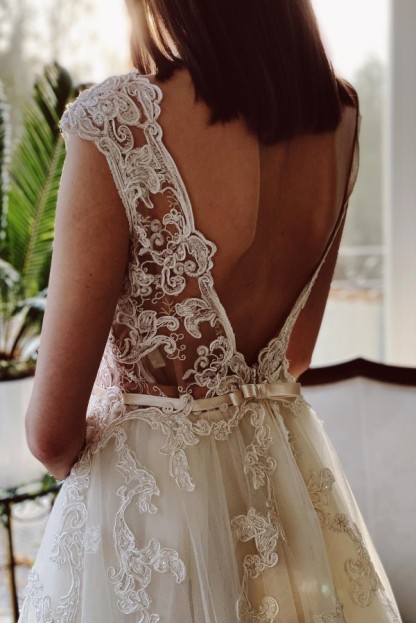 Charming Ivory A-Line Floor Length V-Neck Garden Lace Wedding Dress - YESBABYONLINE