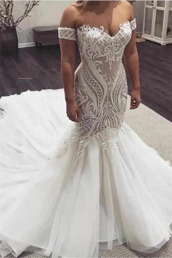 Long Mermaid Off the Shoulder Sweetheart Lace Tulle Wedding Dresses - YESBABYONLINE