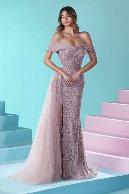 Beautiful Long Off-The-Shoulder Mermaid Split Front Tulle Lace Prom Dresses - YESBABYONLINE