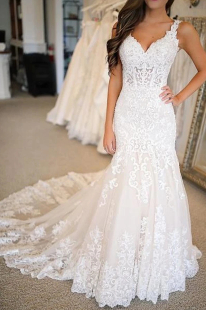 White Long Mermiad Sleeveless Sweetheart Tulle Wedding Dresses With Appliques - YESBABYONLINE