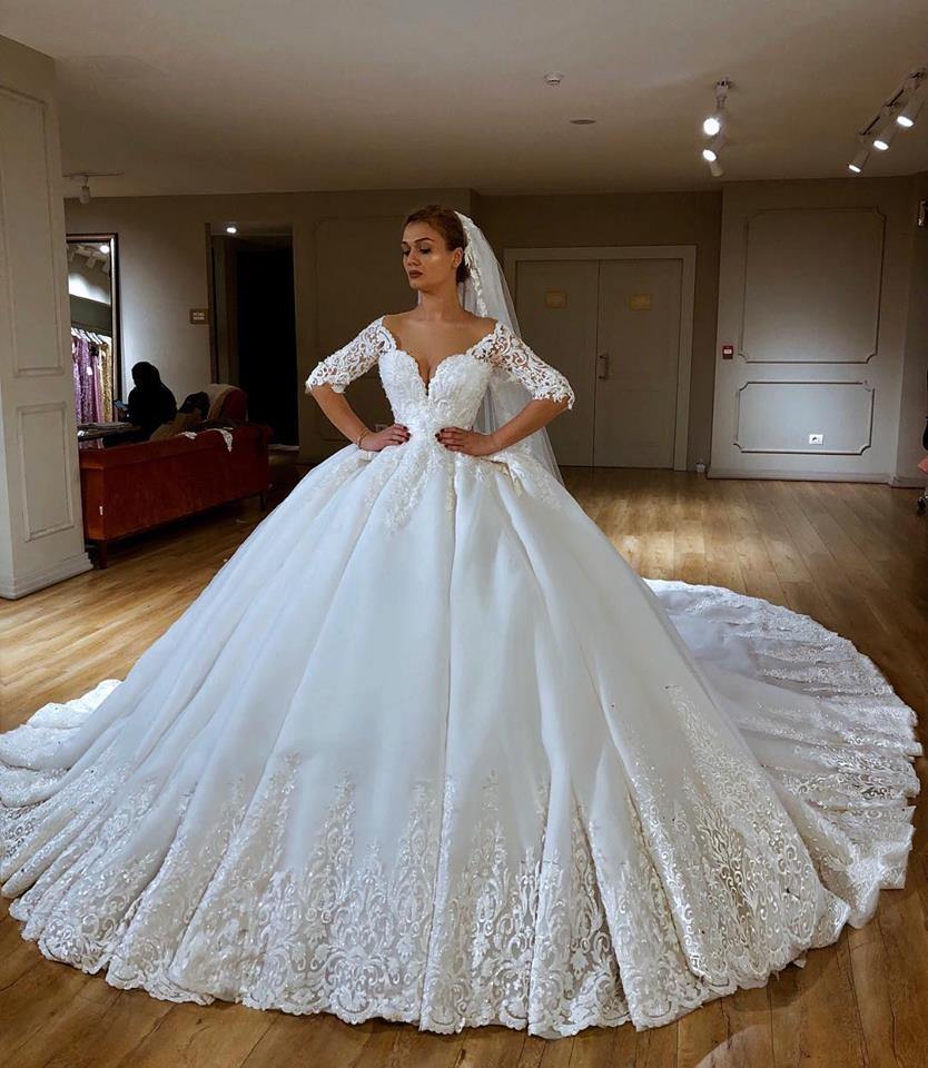 Long Ball Gown Sweetheart Lace Tulle Wedding Dresses with Sleeves - YESBABYONLINE