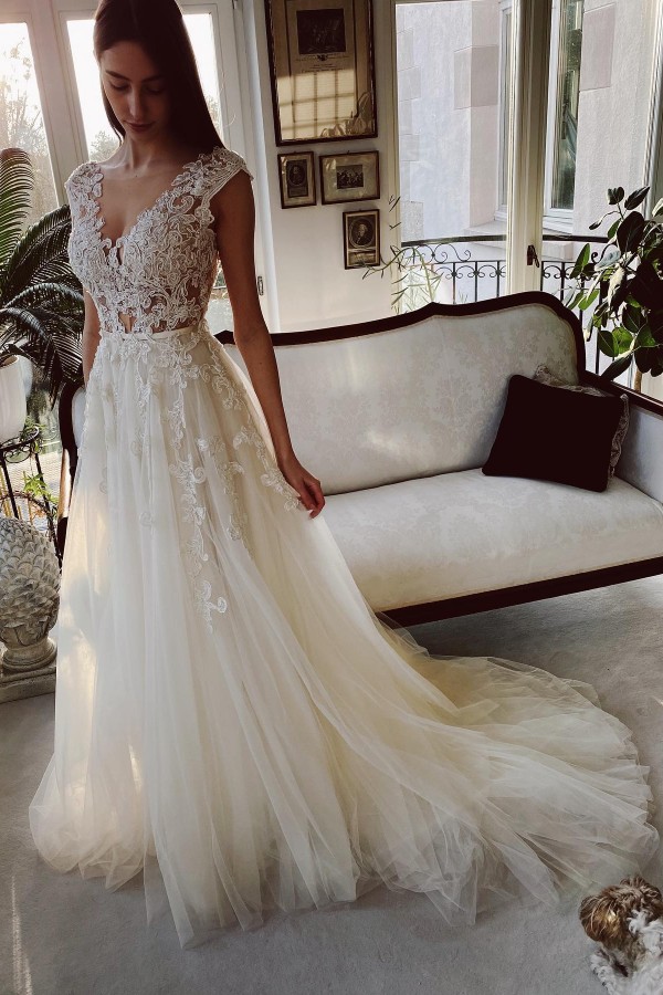 Charming Ivory A-Line Floor Length V-Neck Garden Lace Wedding Dress - YESBABYONLINE