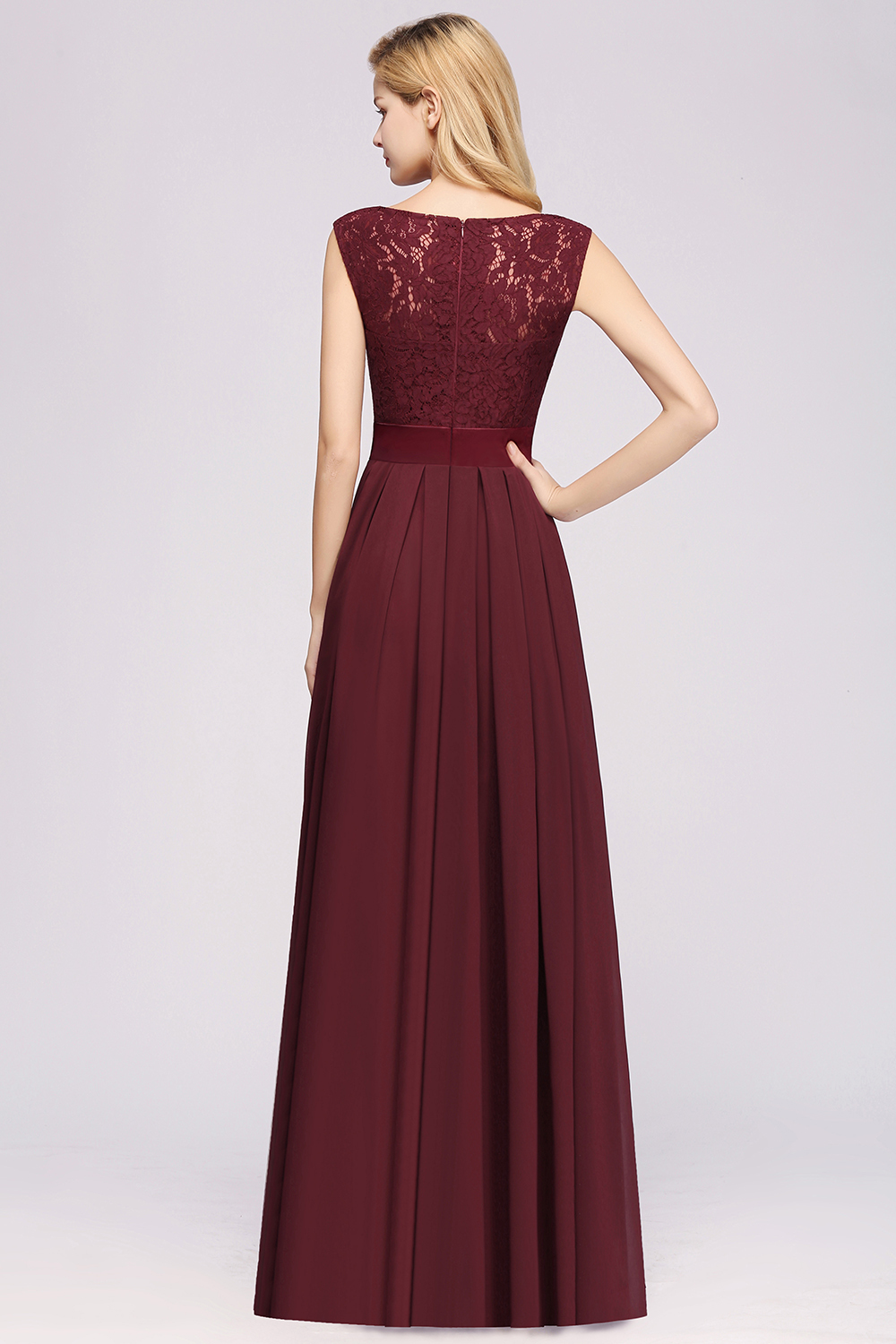 Simple Long A Line Scoop Sleeveless Lace Appliques Chiffon Bridesmaid Dresses - YESBABYONLINE
