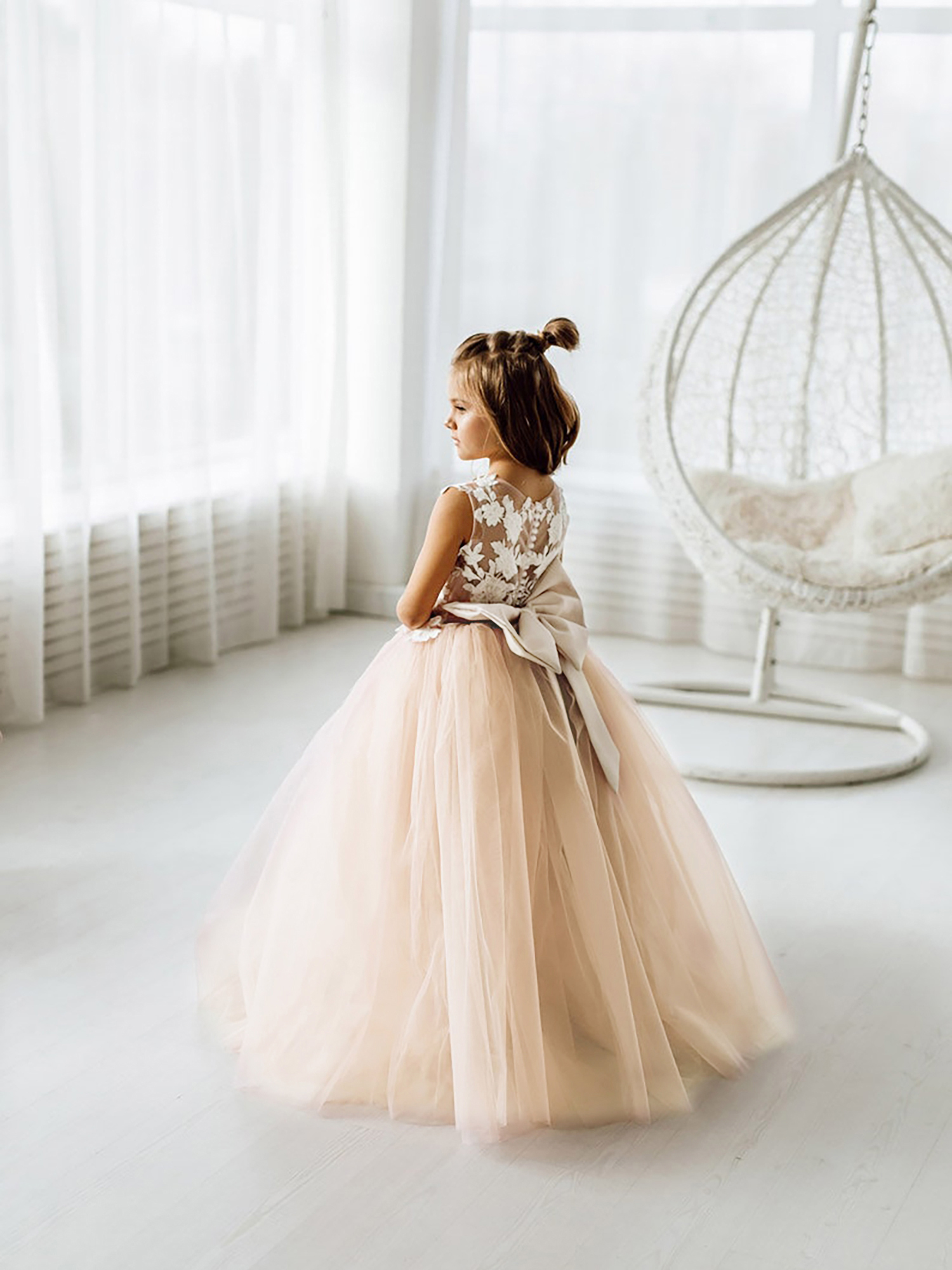 Cute Long Ball Gown Lace Sleeveless Tulle Flower Girl Dress with Bow - YESBABYONLINE