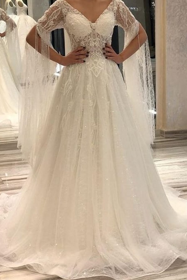 Long Off The Shoulder V Neck Lace Sequin A Line Wedding Dresses - YESBABYONLINE