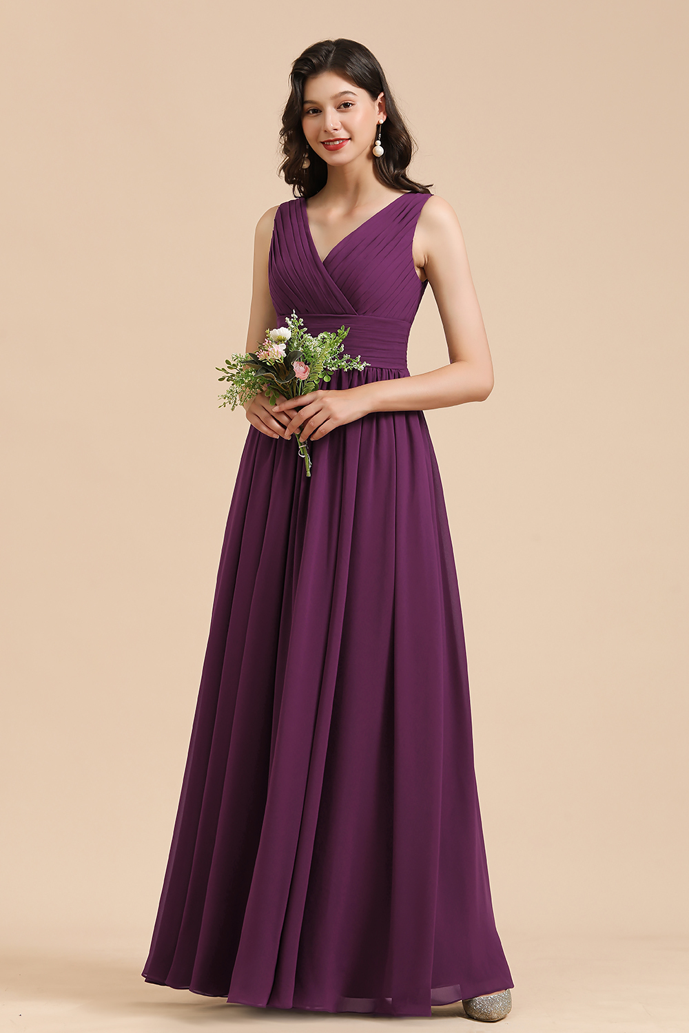 Elegant Long V Neck A Line Floor Length Chiffon Bridesmaid Dresses - YESBABYONLINE