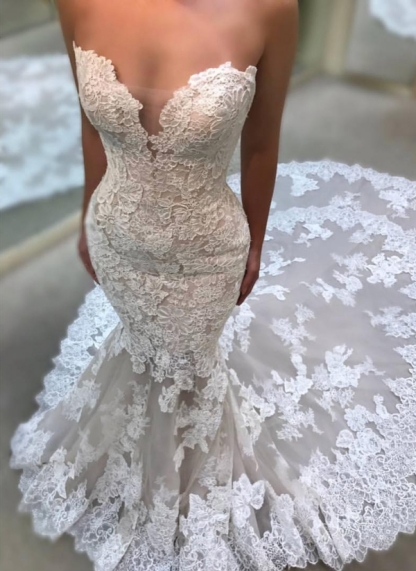 Glamorous Long Mermaid Sweetheart Tulle Lace Wedding Dresses - YESBABYONLINE