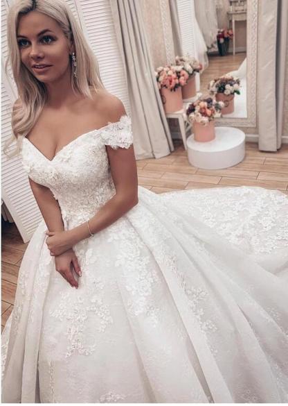 Long Off the Shoulder Tulle Lace Ball Gown Wedding Dresses - YESBABYONLINE