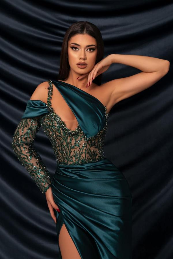 Sexy Long Sleeves One Shoulder Satin Mermiad Prom Dresses with Split - YESBABYONLINE