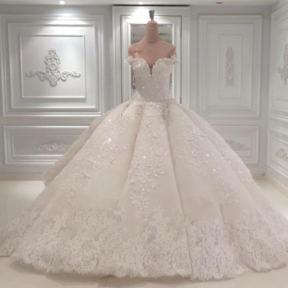 Long Ball Gown Off The Shoulder Sweetheart Illusion Back Lace Applique Beading Wedding Dresses - YESBABYONLINE