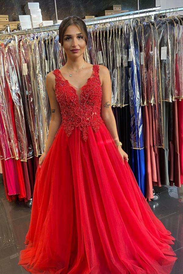Elegant Long V-neck A-line Appliques Lace Tulle Open Back Floor-length Prom Dress - YESBABYONLINE