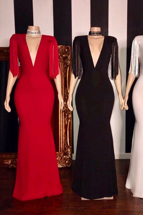 Elegant Long Mermaid V-neck Satin Prom Dresses with Fringes on Sleeves - YESBABYONLINE