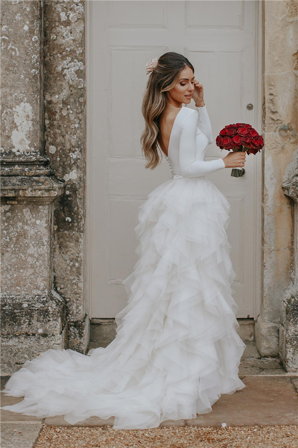 White Long A-line Tulle Sleeveless Open Back Wedding Dresses with Sleeves - YESBABYONLINE