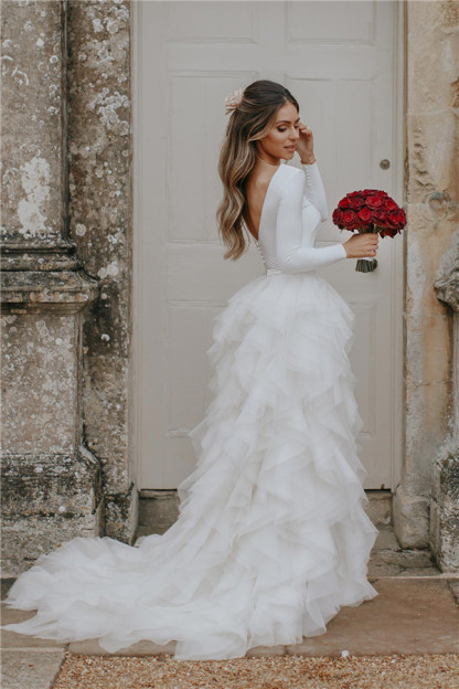 White Long A-line Tulle Sleeveless Open Back Wedding Dresses with Sleeves - YESBABYONLINE