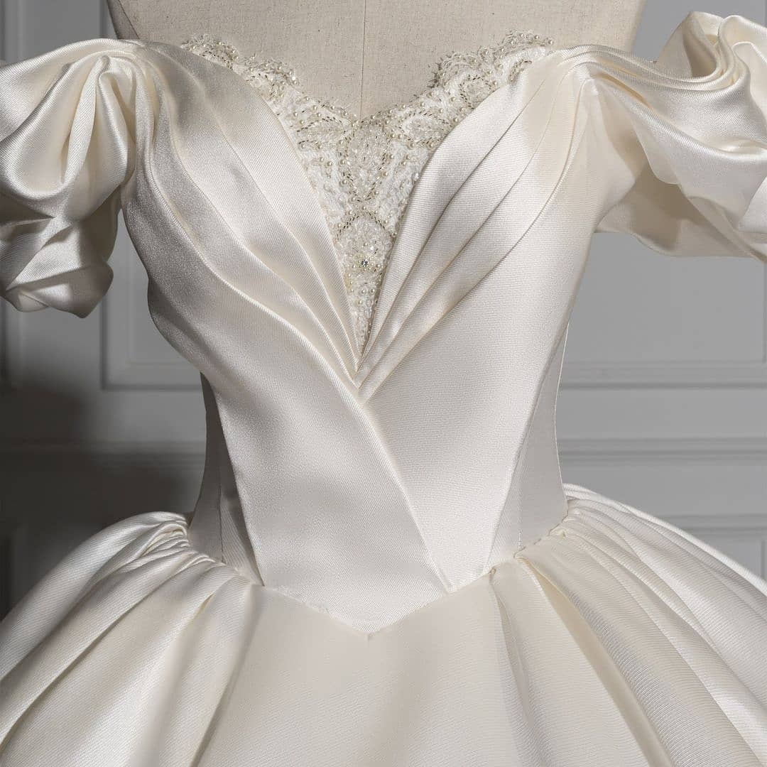 Charming Long Off the Shoulder Sweetheart Satin Ball Gown Wedding Dress with Ruffles - YESBABYONLINE