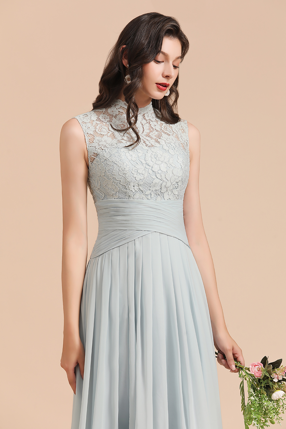 Long A-line High Neck Chiffon Lace Floor Length Bridesmaid Dresses - YESBABYONLINE