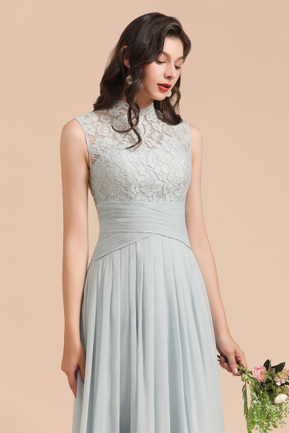 Long A-line High Neck Chiffon Lace Floor Length Bridesmaid Dresses - YESBABYONLINE
