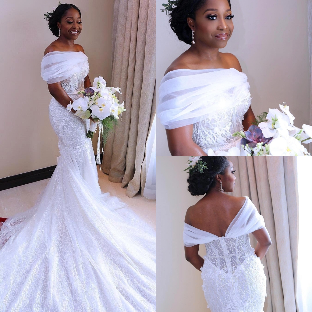 Glamorous White Long Off the Shoulder Mermaid Tulle Wedding Dresses - YESBABYONLINE