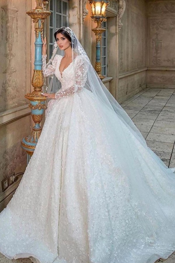 Long Ball Gown V-neck Lace Floor Length Wedding Dresses with Sleeves - YESBABYONLINE
