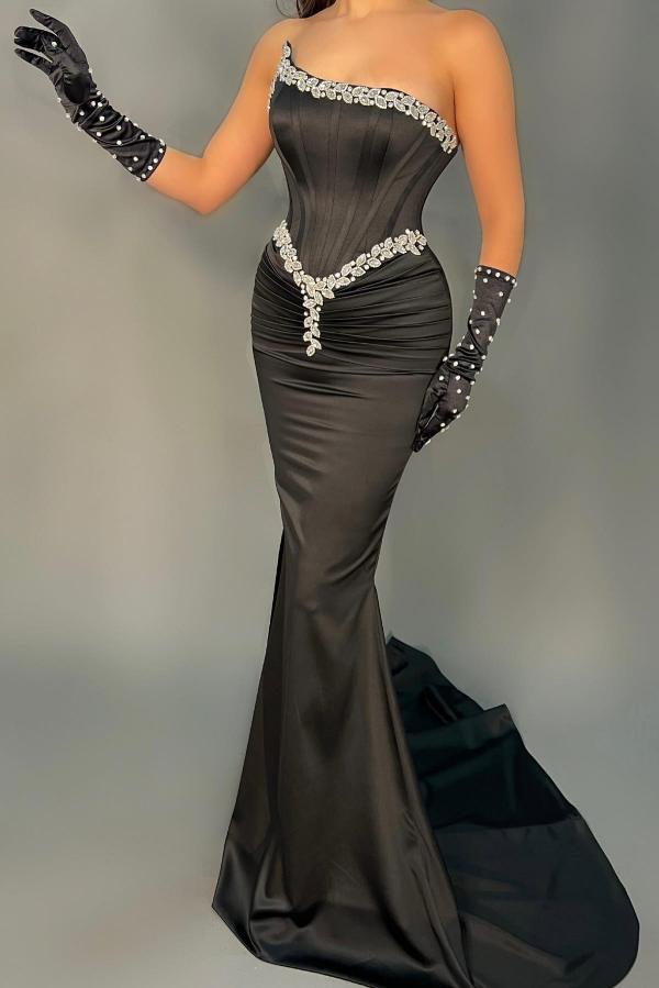 Stylish Black Long Mermaid Strapless Floor Length Satin Prom Dress - YESBABYONLINE