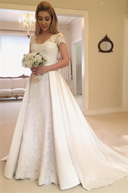 Beautiful Long A-line Sweetheart Satin Appliques Lace Wedding Dresses - YESBABYONLINE