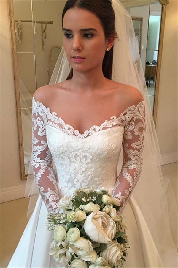 Modern Long Off the Shoulder A-Line Satin Lace Wedding Dresses with Sleeves - YESBABYONLINE