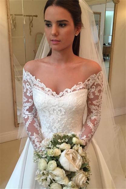 Modern Long Off the Shoulder A-Line Satin Lace Wedding Dresses with Sleeves - YESBABYONLINE
