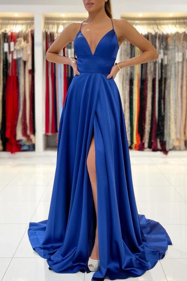 Royal Blue Long V-neck Spaghetti Straps A-Line Evening Dress With Side Split - YESBABYONLINE