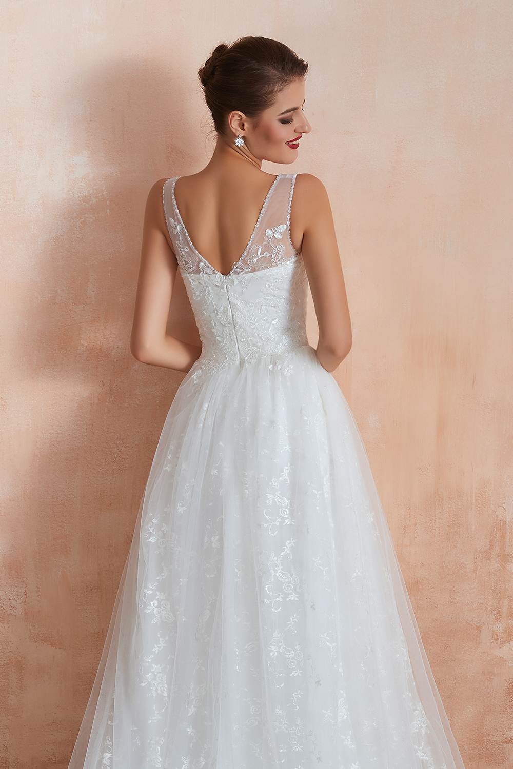 Long A-line V-neck Tulle Lace Floor Length Sleeveless Wedding Dresses - YESBABYONLINE