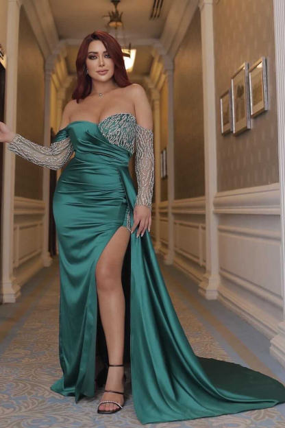 Chic Long Sleeves Mermaid Off-The-Shoulder Sweeetheart Satin Prom Dresses with Split - YESBABYONLINE